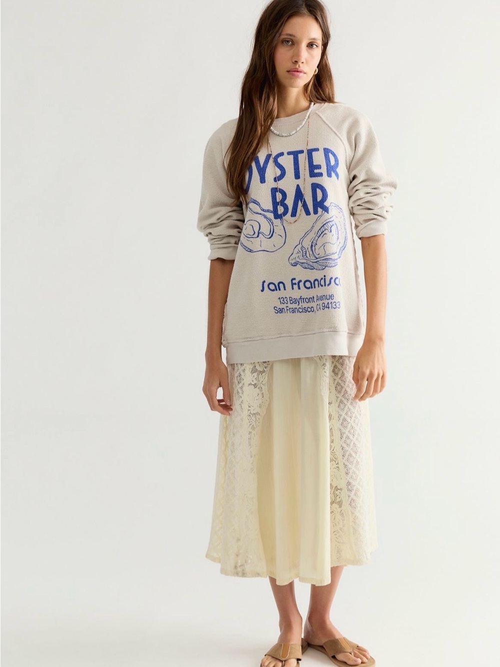 NWT Free People X Retro Brand Oyster Bar Crewneck Pullover Sweatshirt in Ivory
